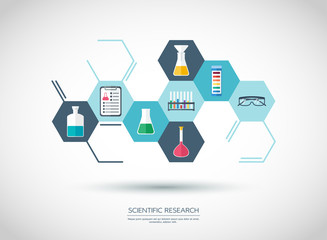 Sconcept. Chemical banner, background, cover. Chemical icons. Flat design. vector