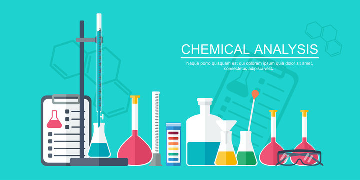 Chemical banner, background, cover. Analytical chemistry. Flat design. vector