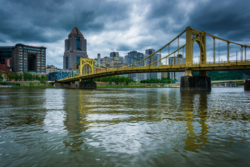 The skyline and Roberto Clemente Bridge, seen from Allegheny Lan