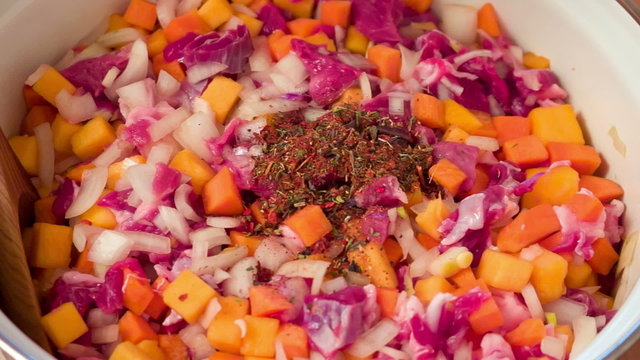 mix of chopped vegetables and meat with spices for beaf stew 