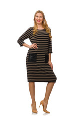 Pretty woman in brown dress isolated on white