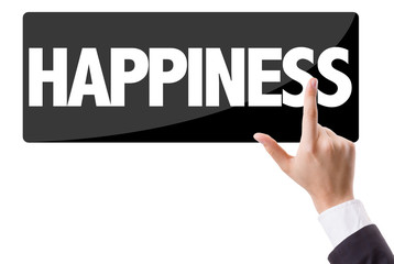 Businessman pressing button with the text: Happiness
