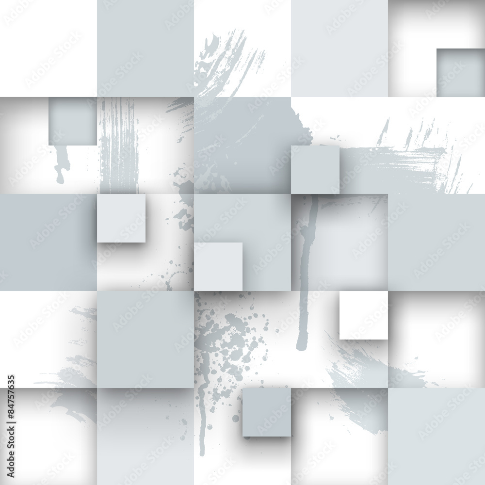 Poster abstract texture with squares and paint splashes.
