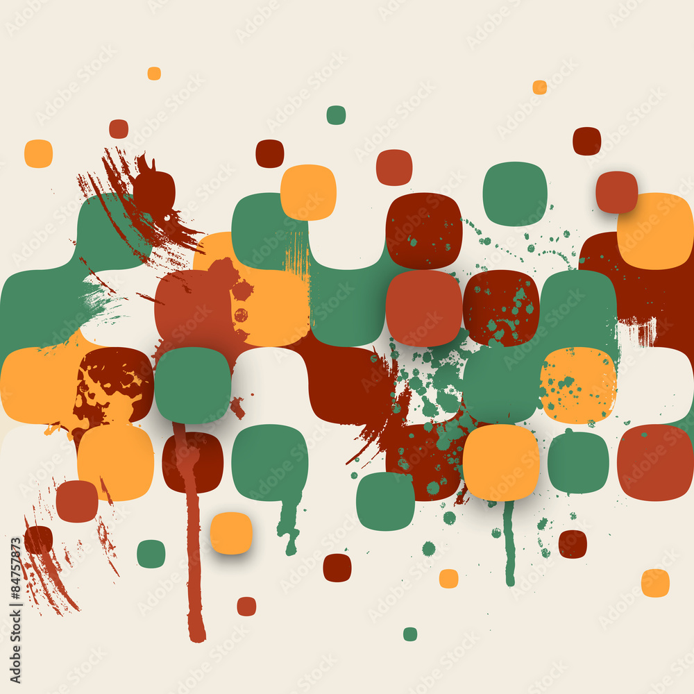 Poster abstract texture with squares and paint splashes.