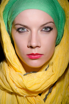 Serious Woman Wearing Colourful Headscarf