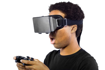 Black male wearing a virtual reality headset and controller on white background