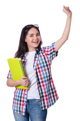 Student girl with books on white