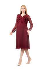 Pretty pregnant woman in red dress isolated on white