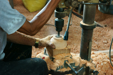 Asian worker, wood workshop, coconut product