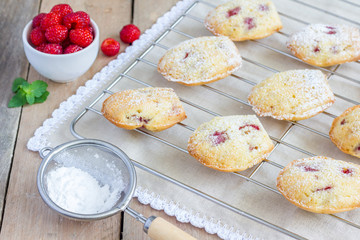 Madeleines cookie with raspberry on cooling rack