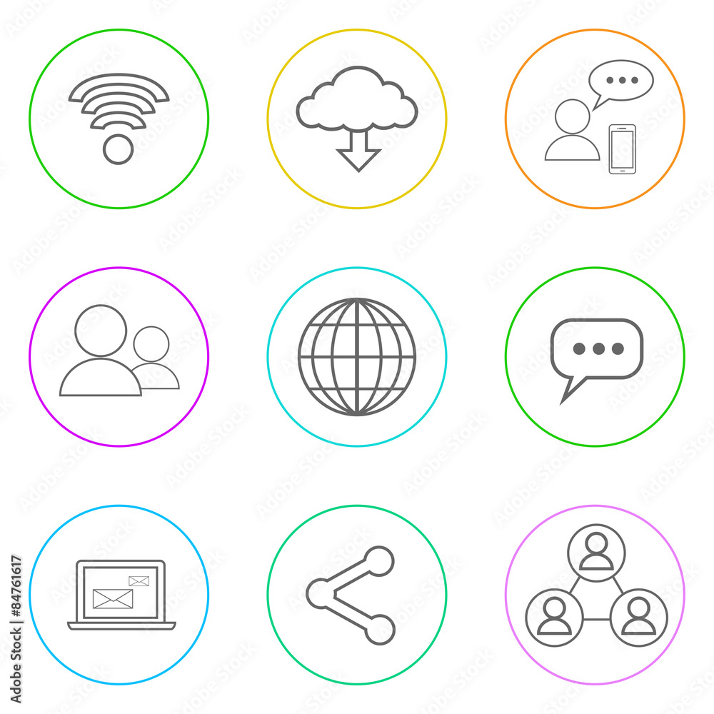 Poster internet web communication thin line simple icons set colorful