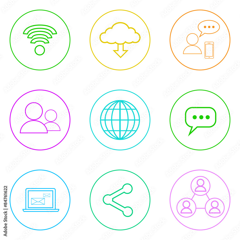 Poster internet web communication thin line simple icons set colorful