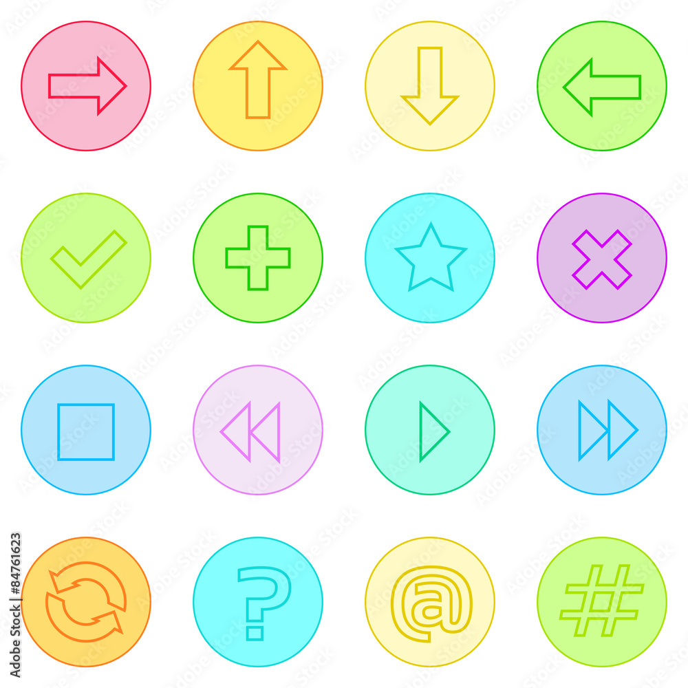Poster navigation arrow contol thin line simple icons set colorful