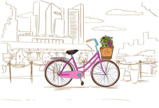 Pink Retro Bicycle with Flowers over City Sketch Vector 