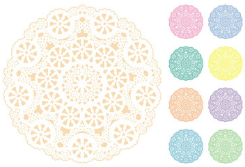 Lace Doily Place Mats, vintage snowflake design, 9 pastels - obrazy, fototapety, plakaty