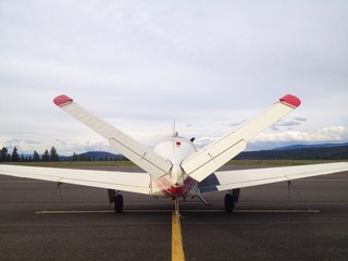 Rear view of a V-Tail Beechcraft Bonanza