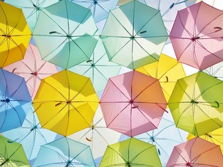 A lot of multicolored umbrellas in pastel style.