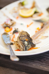Plate with leftover bones of fish