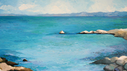 Original painting, artwork, oil on canvas, natural beach cove in Greece
