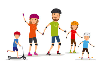 Sports family. Mom, dad and kids roller skate