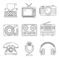 Retro media devices Icons in thin line style
