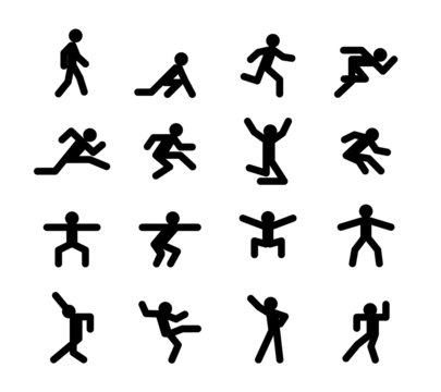Human action poses. Running walking, jumping and squatting