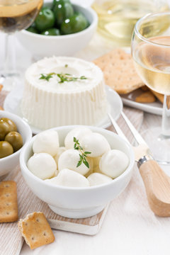 fresh soft cheeses, crackers and pickles to wine, vertical