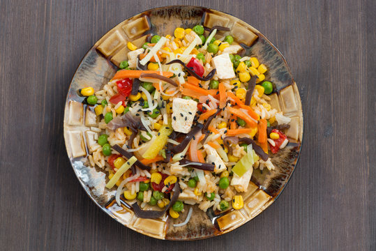 fried rice with tofu, vegetables , top view