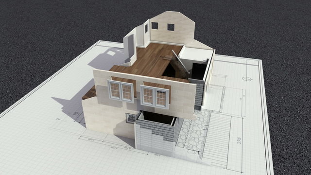 Architectural drawing changed three-dimensional house. and sold sign.