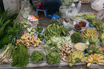 Fruits and vegetables on rural market in Thailand.