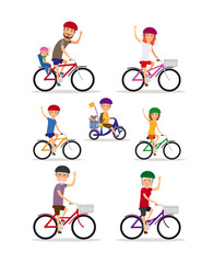 Sports family. Mom, Dad and kids ride bikes