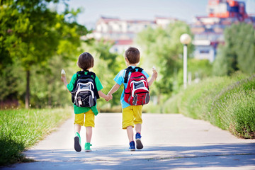 Two adorable boys in colorful clothes and backpacks, walking awa - obrazy, fototapety, plakaty