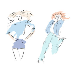 Sketch set of two fashion active women on white background
