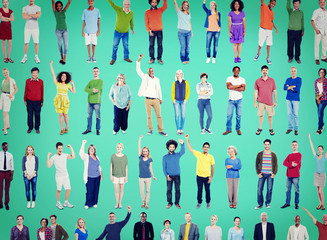 Multiethnic Casual People Togetherness Celebration Arms Raised 