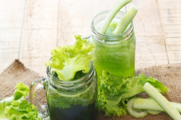 smoothie detox lettuce and cucumber on sack 