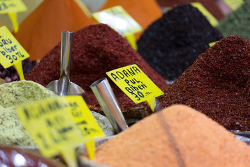Various spices on a counter on the Grand Bazaar in Istanbul, Turkey