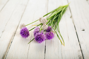 freshly harvested blooming chives on rustic background - obrazy, fototapety, plakaty