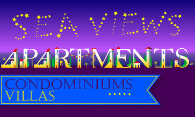 Sea Views Apartments Inscription. Cute houses Font