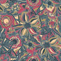 Seamless vector pattern with Doodle flowers and leaves.