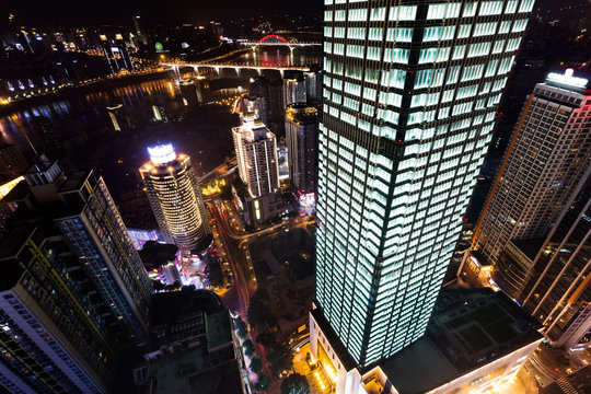 High anglew view of skyscrapers in chongqing at night