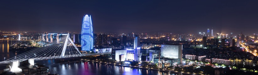 Fototapeta na wymiar panoramic high angle view of cityscape at night