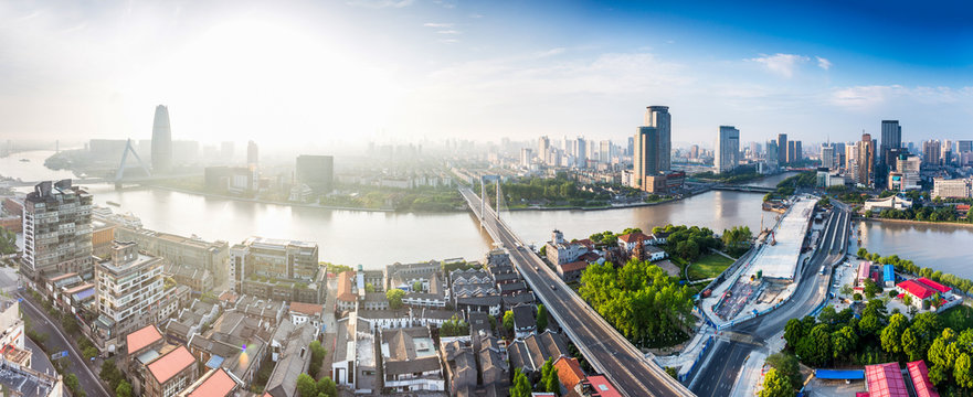 panoramic high angle view of cityscape at riverbank
