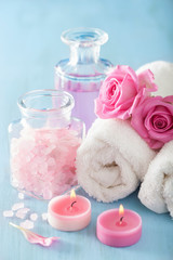 spa aromatherapy with rose flowers perfume and herbal salt