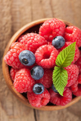 fresh berries raspberry blueberry in wooden bowl