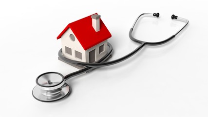 House model with stethoscope isolated on white background