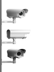 Three security surveillance cameras side view isolated on white background