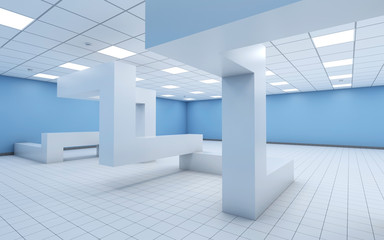 Empty office with chaotic geometric construction 3d
