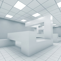 Office interior with chaotic geometric construction 3d