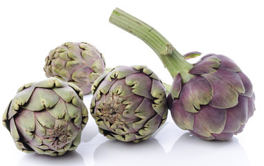 Fresh green purple artichokes