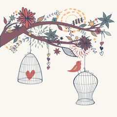 Vector romantic illustration with bird out of cages, branch and flowers. Freedom concept card.